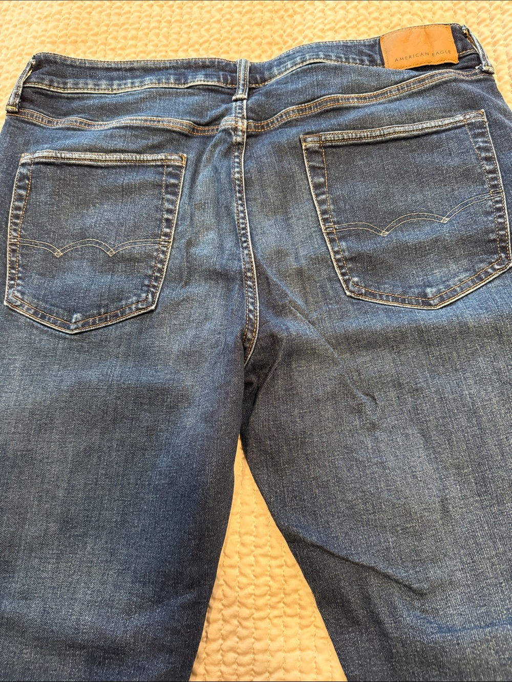 American Eagle Outfitters Men's Dark Blue Straight Jeans with Tan Leather Patch